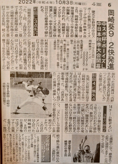 中日スポーツ新聞朝刊：岡崎葵ボーイズ掲載